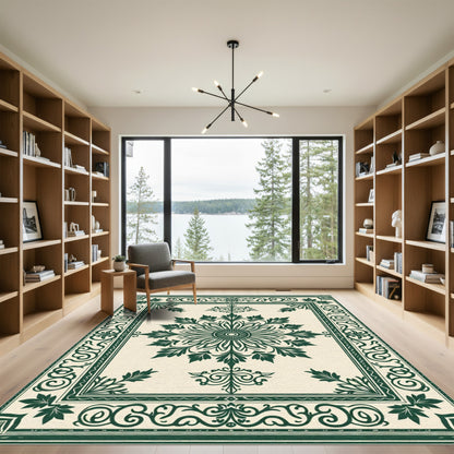 Cream Emerald Floral Medallion Border Rug