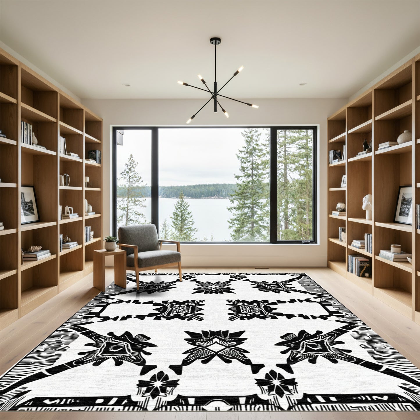 Central Black White Abstract Floral Rug
