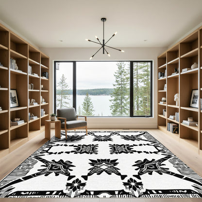 Central Black White Abstract Floral Rug