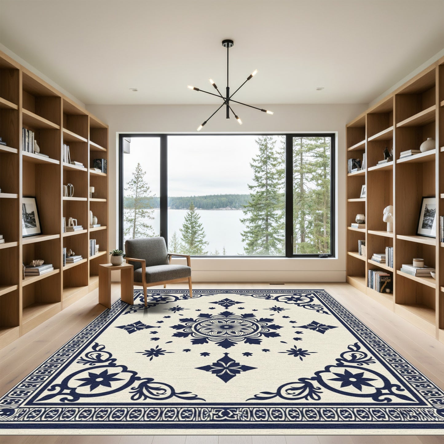 Dark Blue Floral Medallion Cream Rug