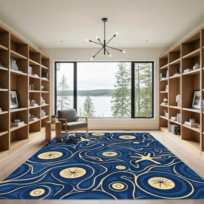 Celestial Blue And Gold Swirl Rug