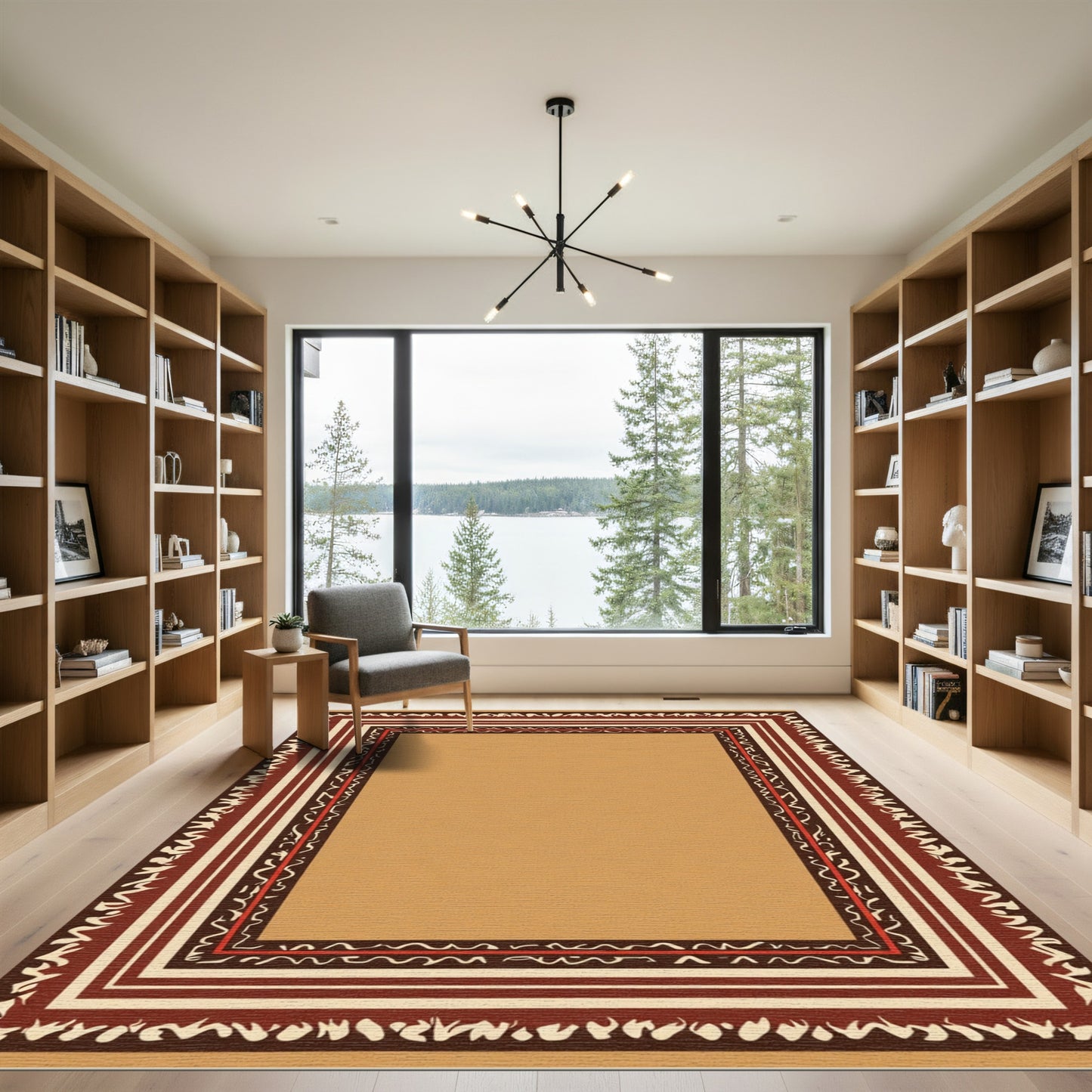 Earthy Red Bordered Geometric Stripe Rug
