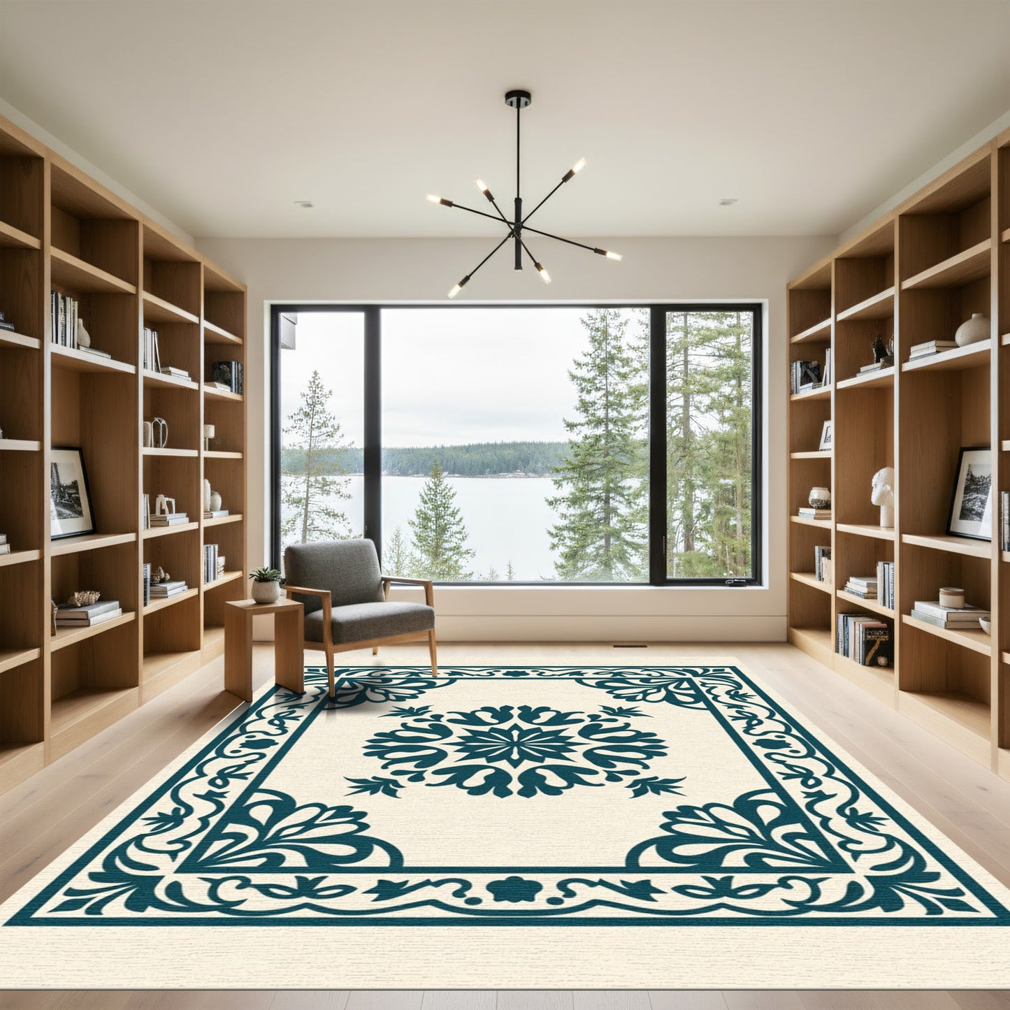 Deep Teal Floral Scroll Medallion Rug