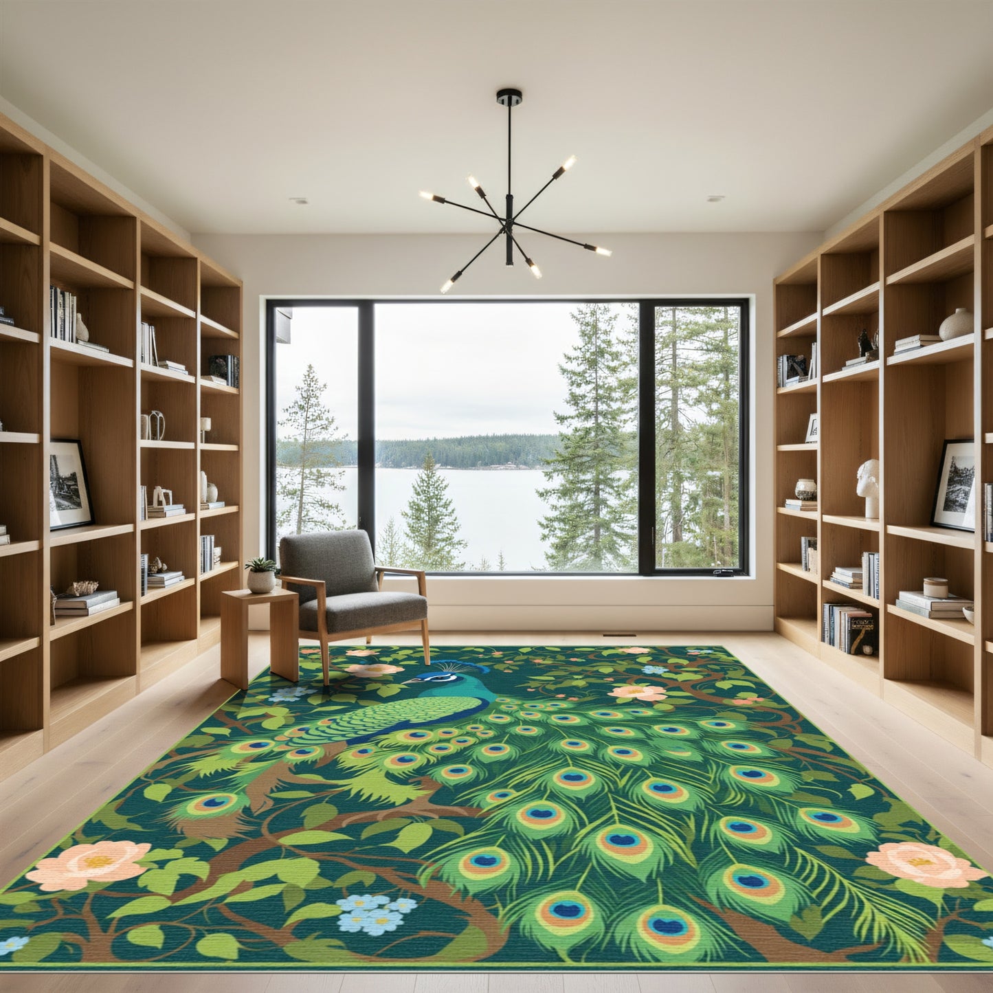 Emerald Peacock Floral Branches Rug