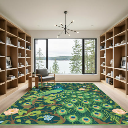 Emerald Peacock Floral Branches Rug