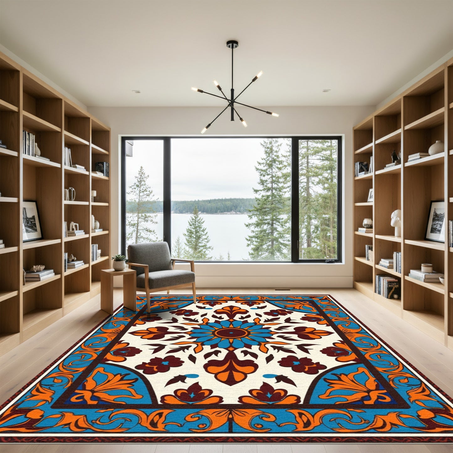 Vibrant Blue Orange Floral Mandala Rug