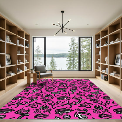 Vivid Pink Abstract Line Art Rug