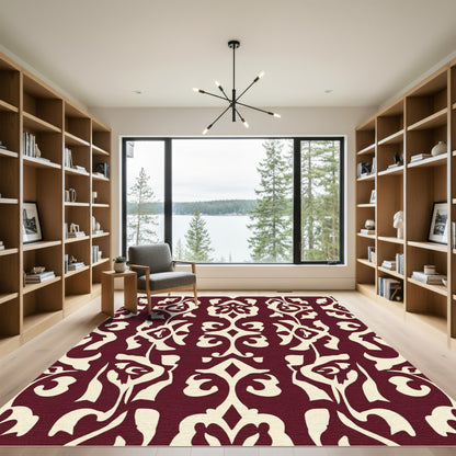 Deep Crimson Floral Damask Rug