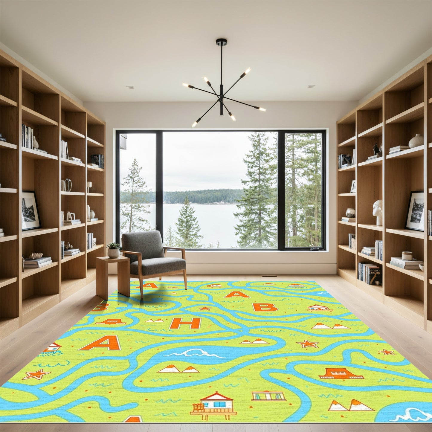 Whimsical Map Houses and Rivers Rug