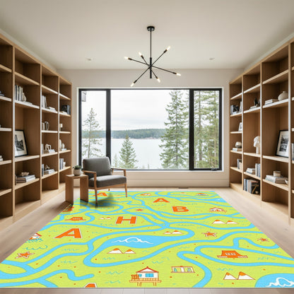 Whimsical Map Houses and Rivers Rug
