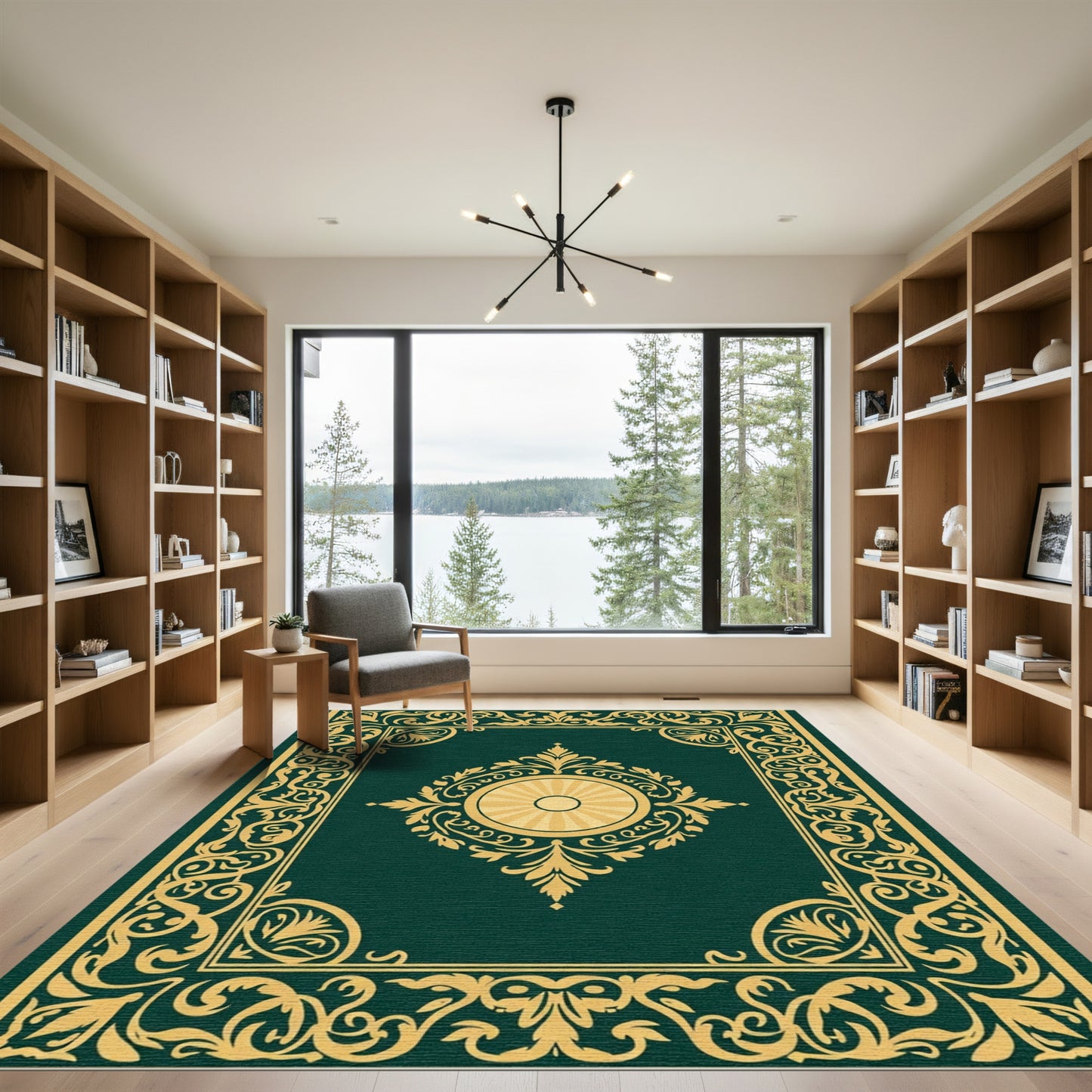 Emerald Golden Baroque Scroll Medallion Rug