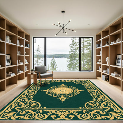 Emerald Golden Baroque Scroll Medallion Rug