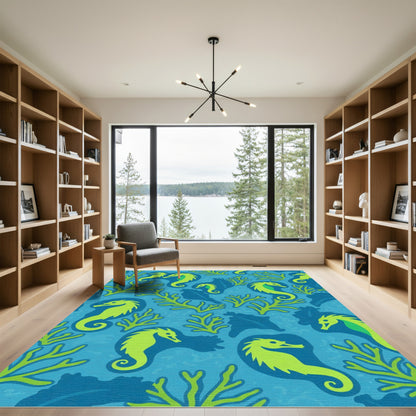 Lime Green Seahorses Coral Ocean Rug