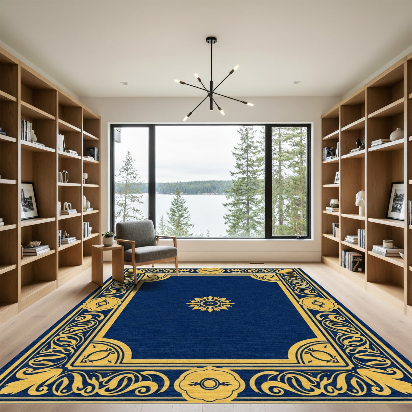 Royal Blue Gold Floral Frame Rug