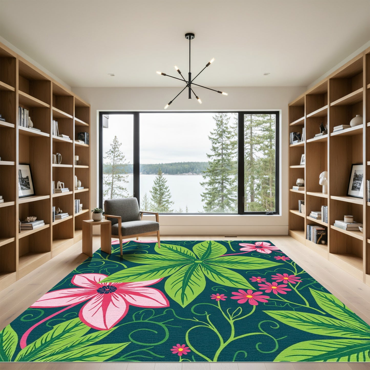 Vibrant Pink Floral Green Leafy Vines Rug