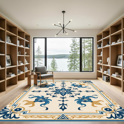 Cerulean Indigo Floral Grand Medallion Rug