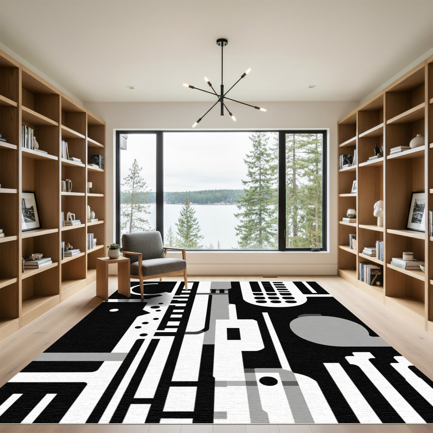 Dark Monochrome Geometric Composition Rug
