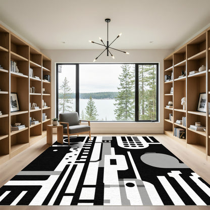 Dark Monochrome Geometric Composition Rug