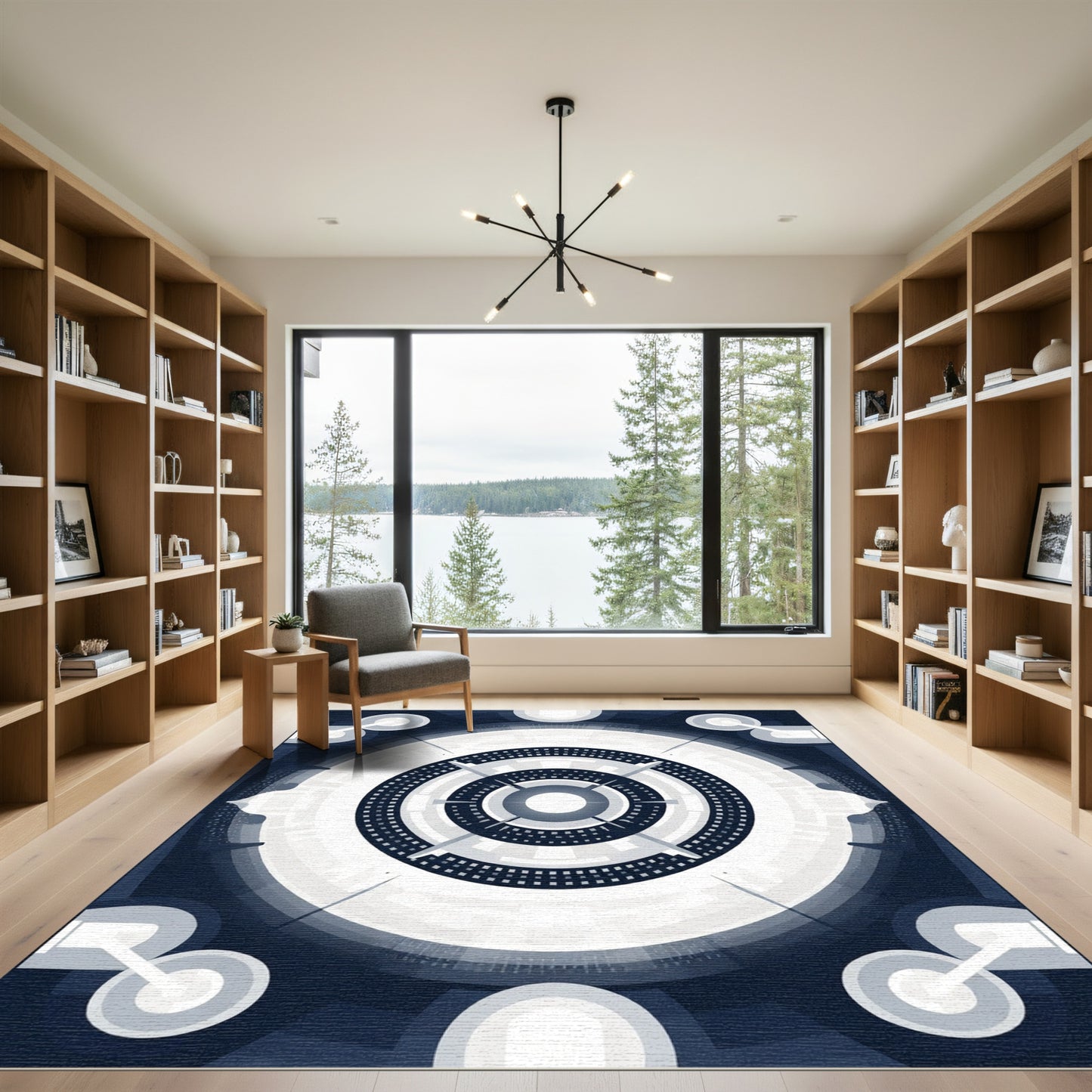 Navy Blue Geometric Concentric Circles Rug