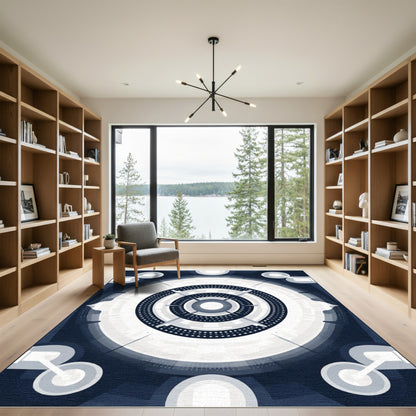 Navy Blue Geometric Concentric Circles Rug