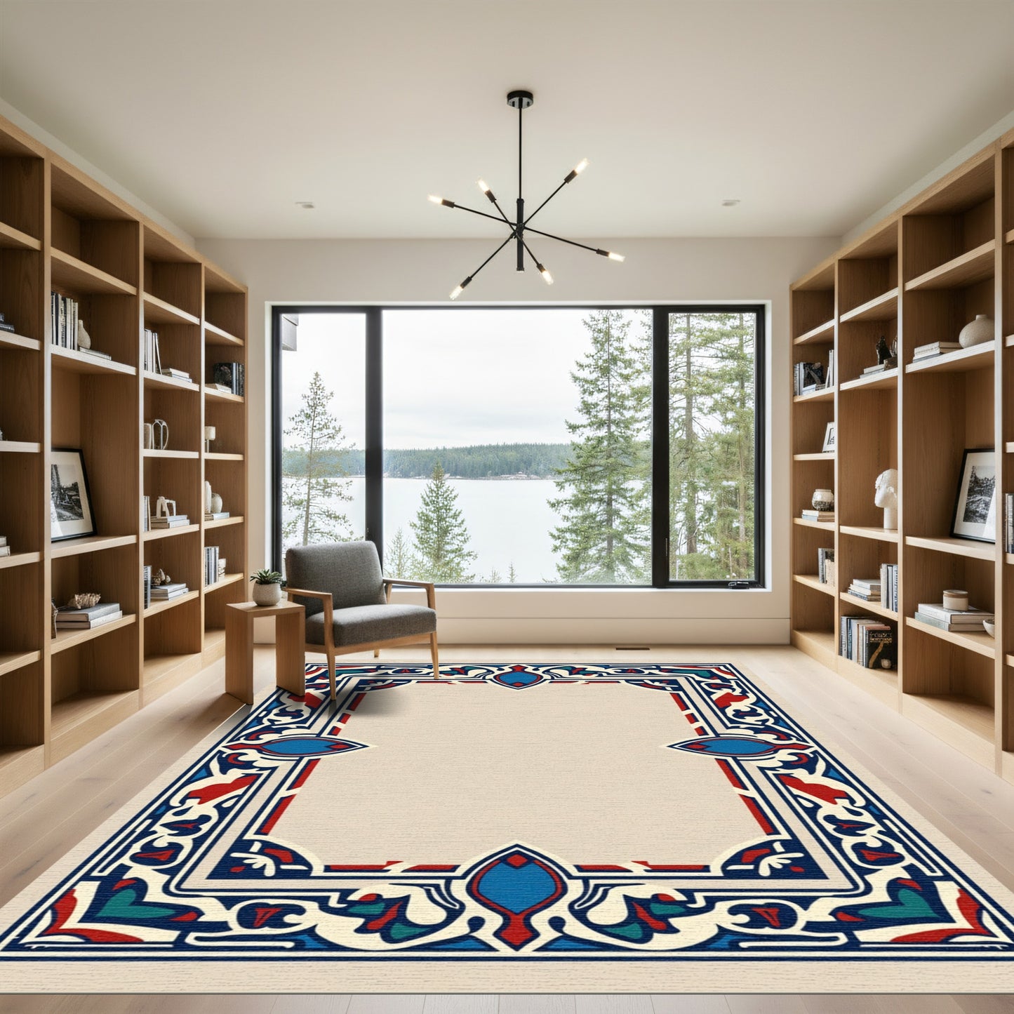 Rich Red Blue Ivory Ornamental Frame Rug