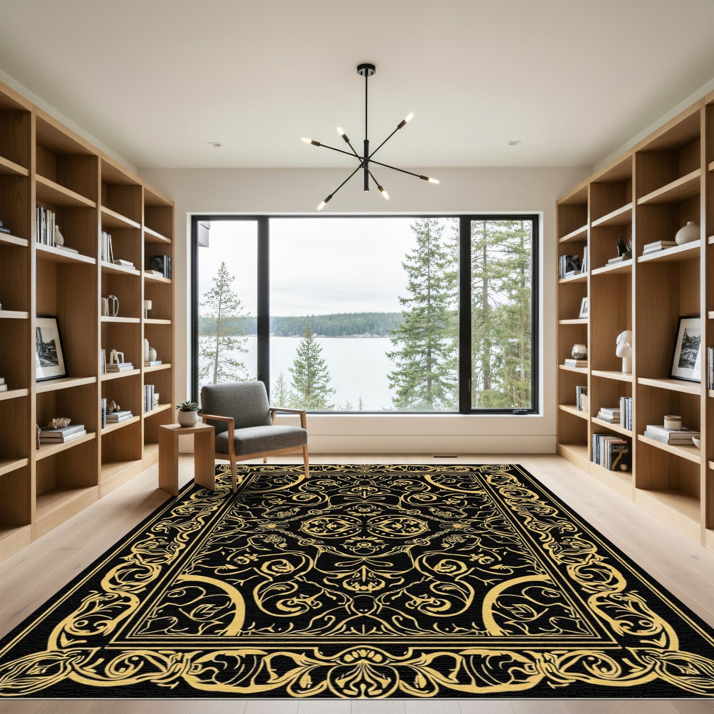 Ornate gold black floral medallion Rug