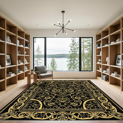 Ornate gold black floral medallion Rug