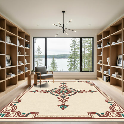 Crimson Teal Floral Medallion Frame Rug