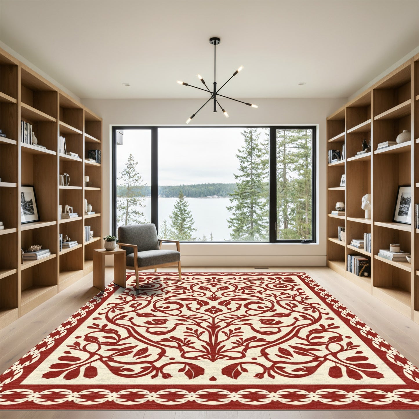 Crimson Botanical Scroll Border Medallion Rug