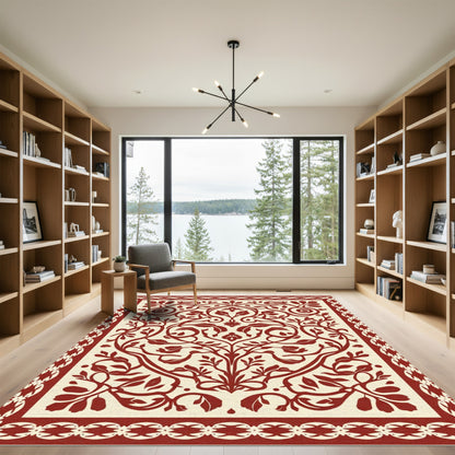 Crimson Botanical Scroll Border Medallion Rug