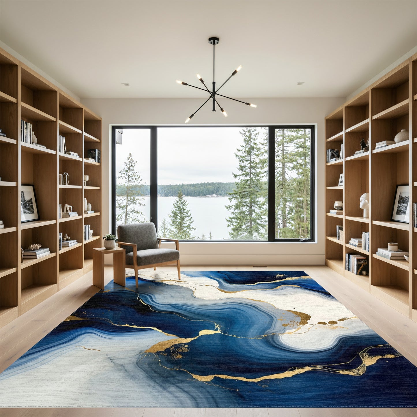 Navy White Gold Veined Fluid Rug