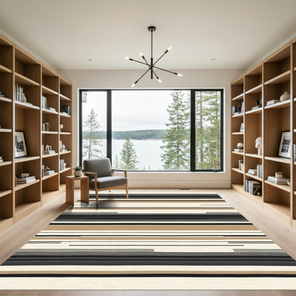 Contemporary Cream Black Tan Stripe Rug
