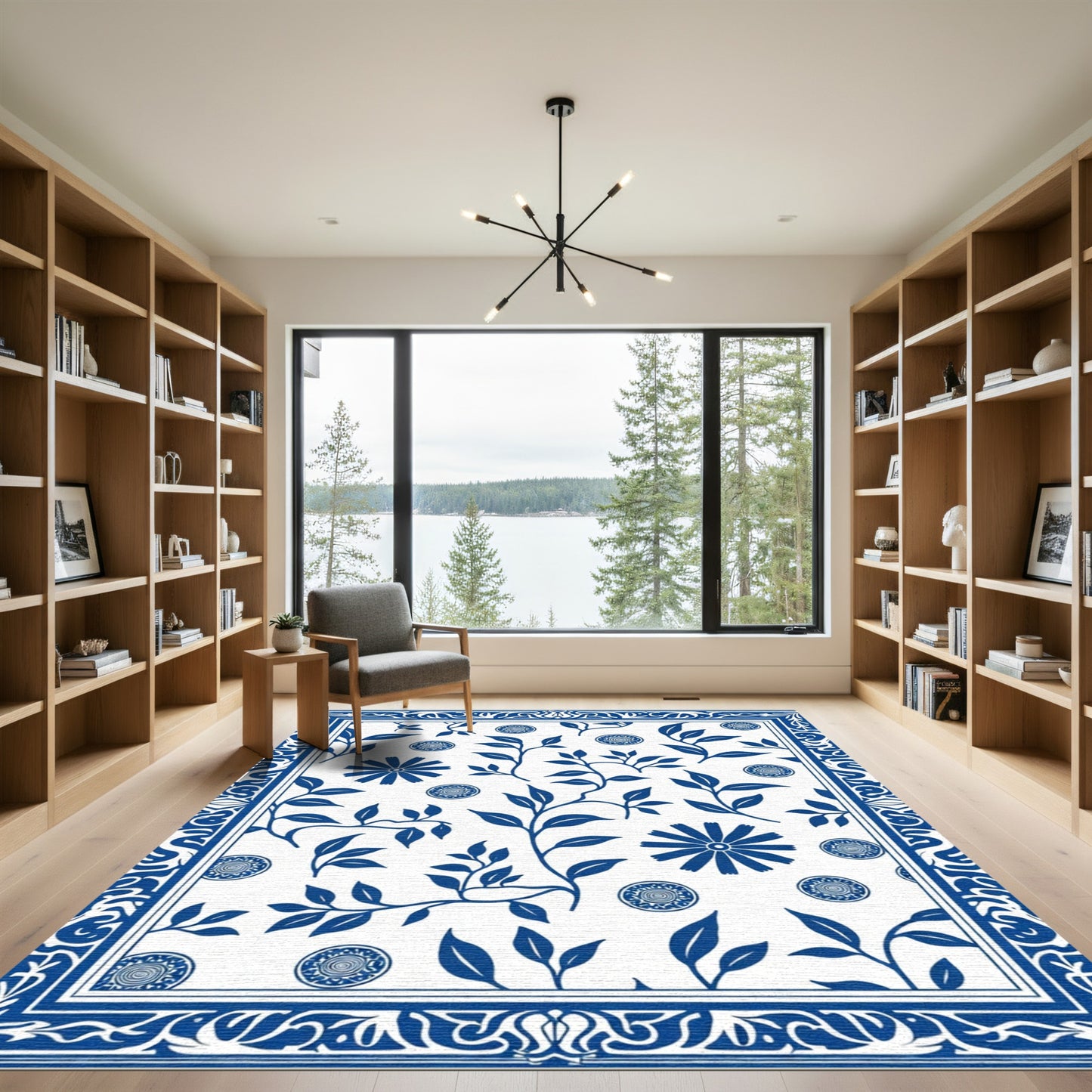 Blue White Floral Bordered Medallion Rug