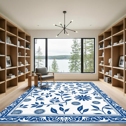 Blue White Floral Bordered Medallion Rug