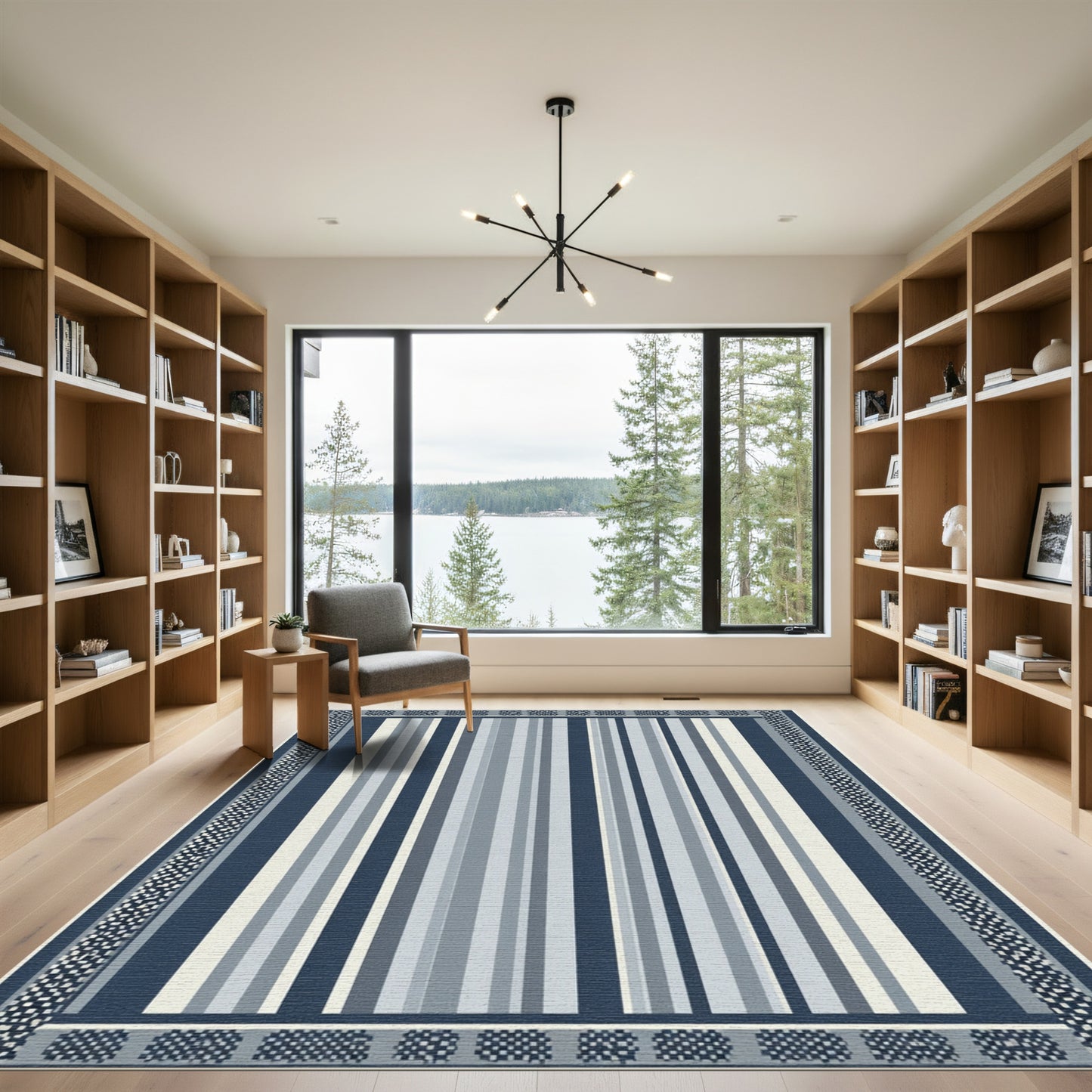 Cool Blue Vertical Stripe Border Rug