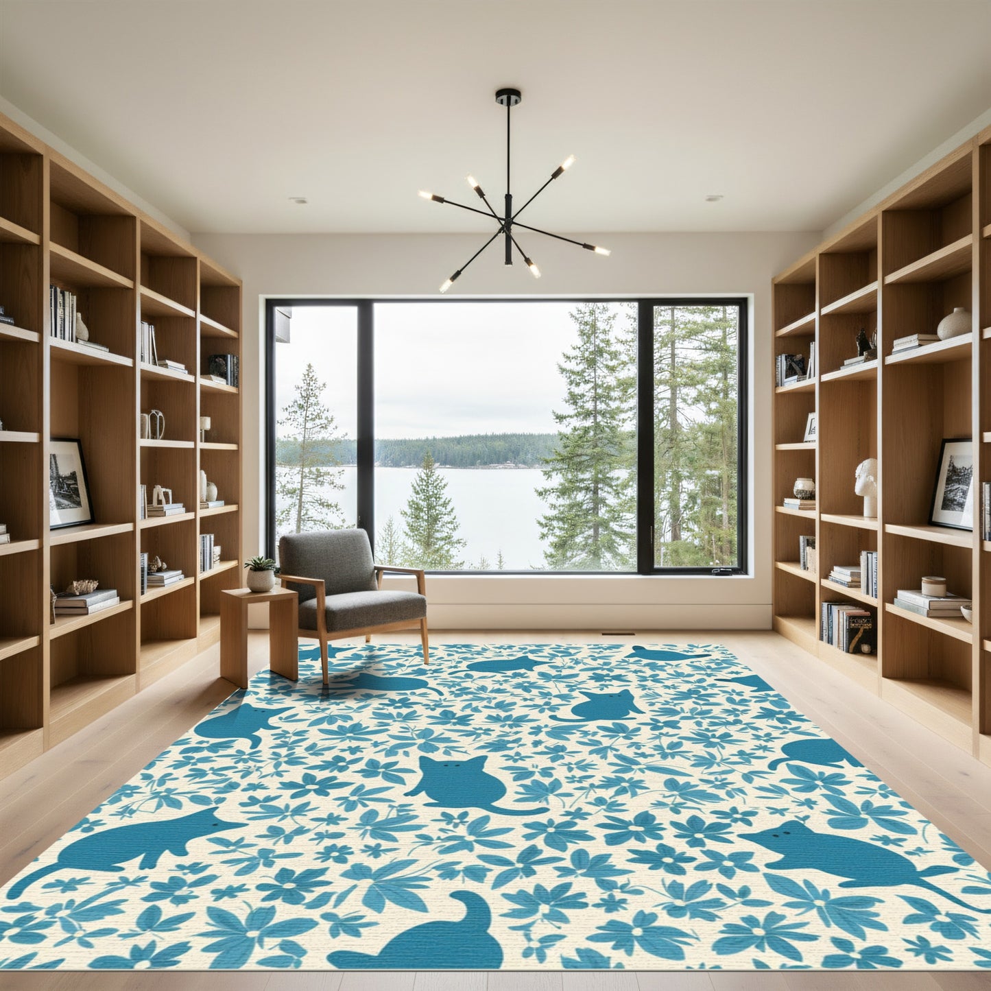 Blue Feline Floral Botanical Whimsy Rug