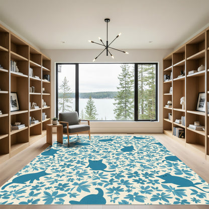 Blue Feline Floral Botanical Whimsy Rug