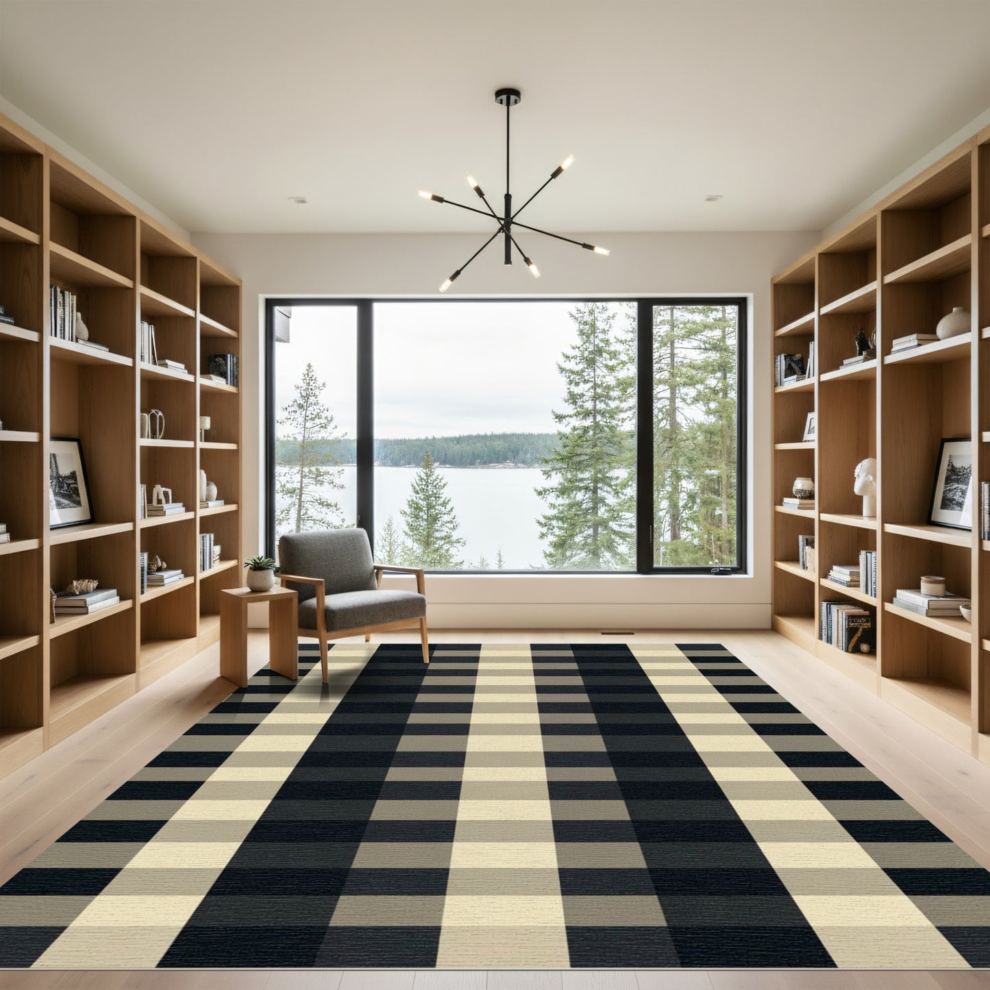 Classic Black Beige Gingham Check Rug