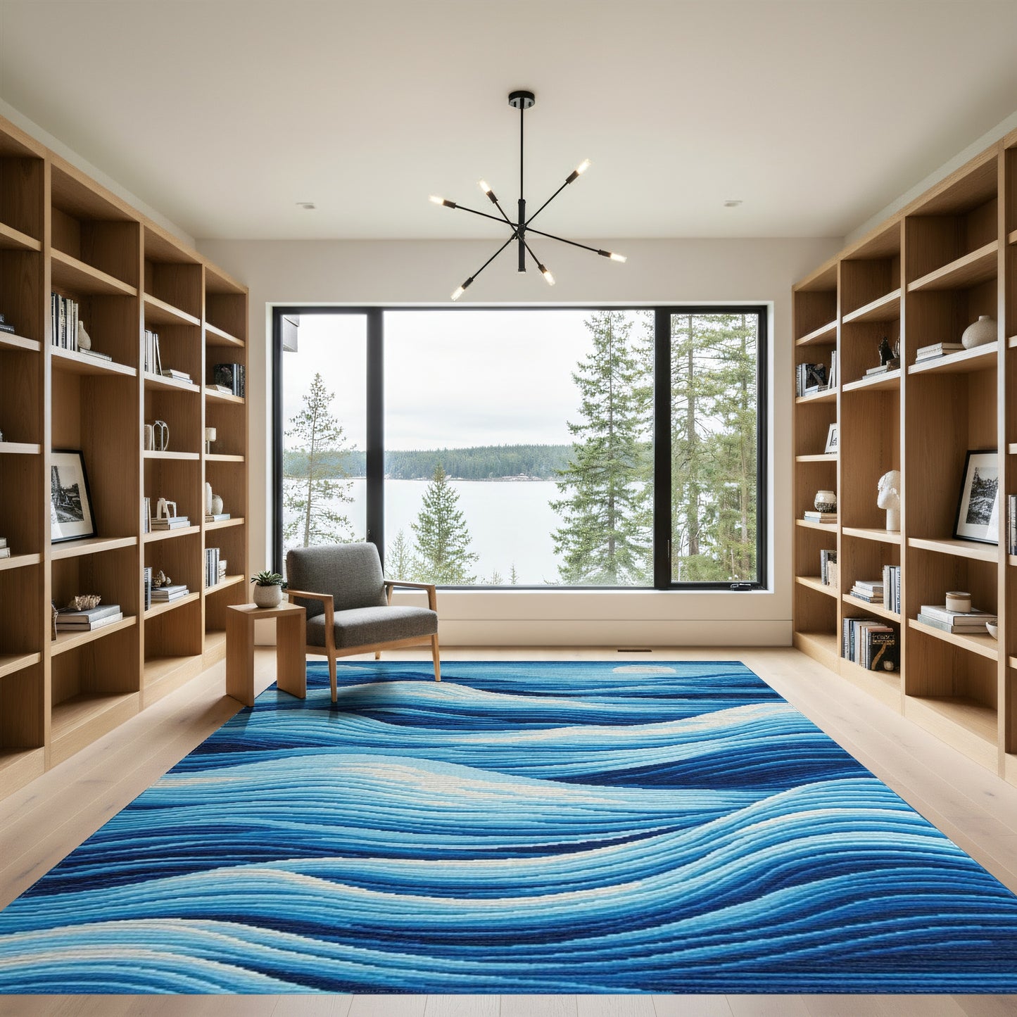 Blue Layered Waves Moon Rug