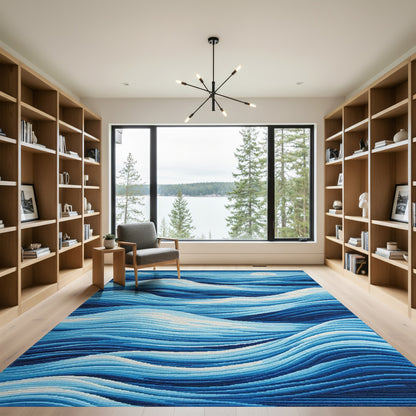 Blue Layered Waves Moon Rug