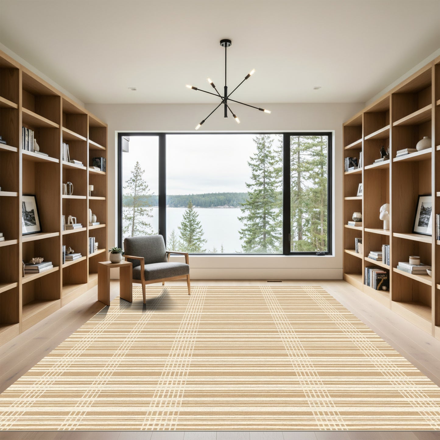 Tan Cream Striped Grid Rug
