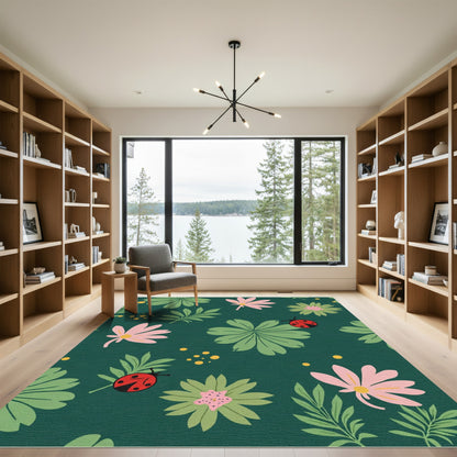 Whimsical Pink Green Ladybug Floral Pattern Rug