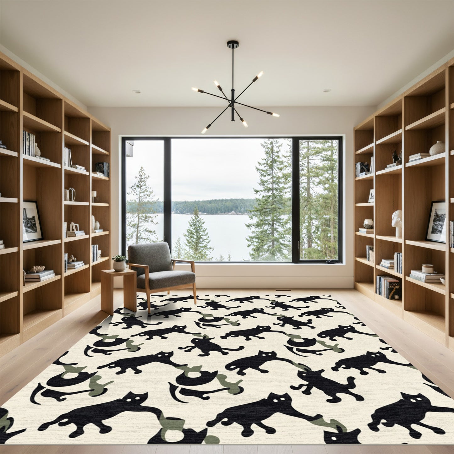 Whimsical Black Cat Camouflage Cream Rug