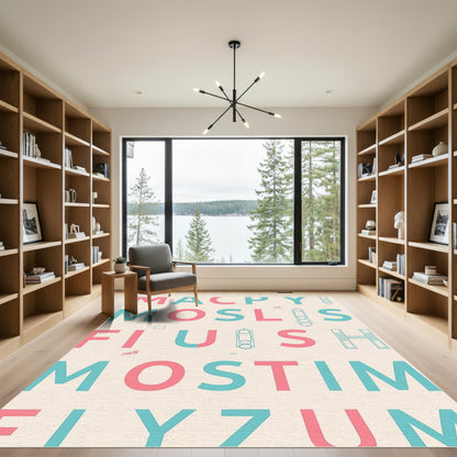 Aqua Pink Textual Geometric Composition Rug