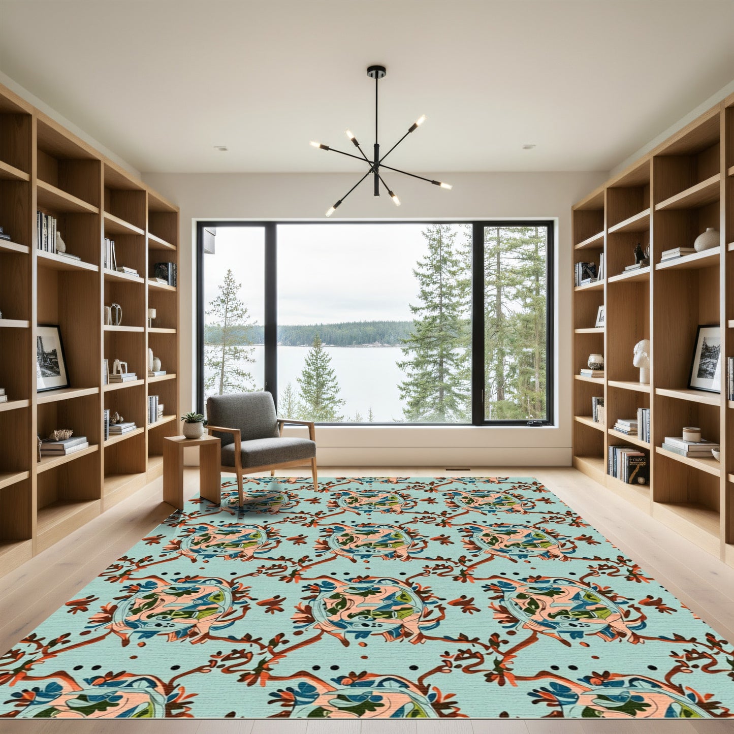 Teal And Coral Abstract Floral Medallions Rug