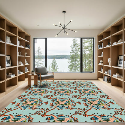 Teal And Coral Abstract Floral Medallions Rug