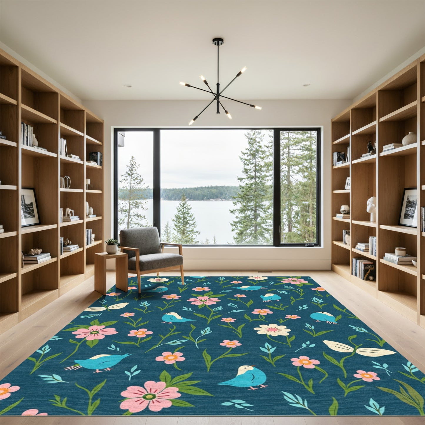 Turquoise Birds Pink Floral Garden Rug