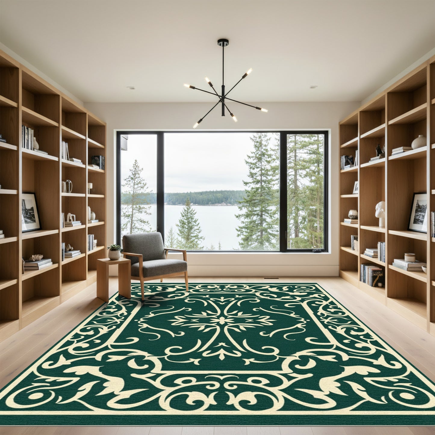 Emerald Ivory Floral Scroll Border Rug