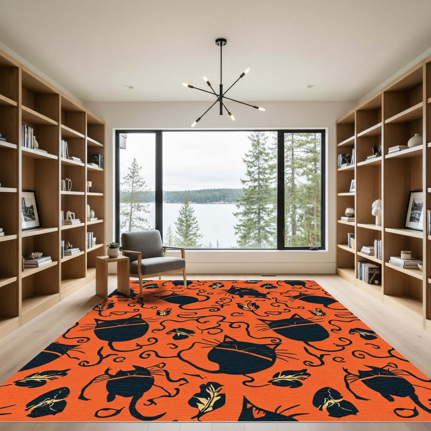 Spooky Black Cats Orange Swirls Rug
