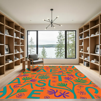 Orange Teal Botanical Alphabet Collage Rug